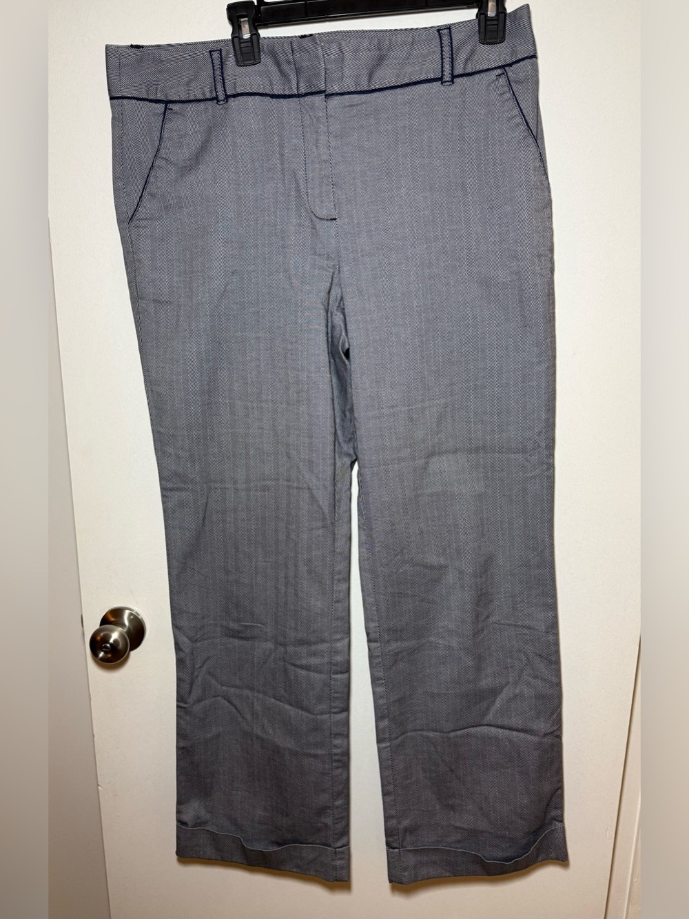 Talbots Gray Blue Herringbone Twill Dress Work Pants Comfy Stretch Cuffed SZ 14